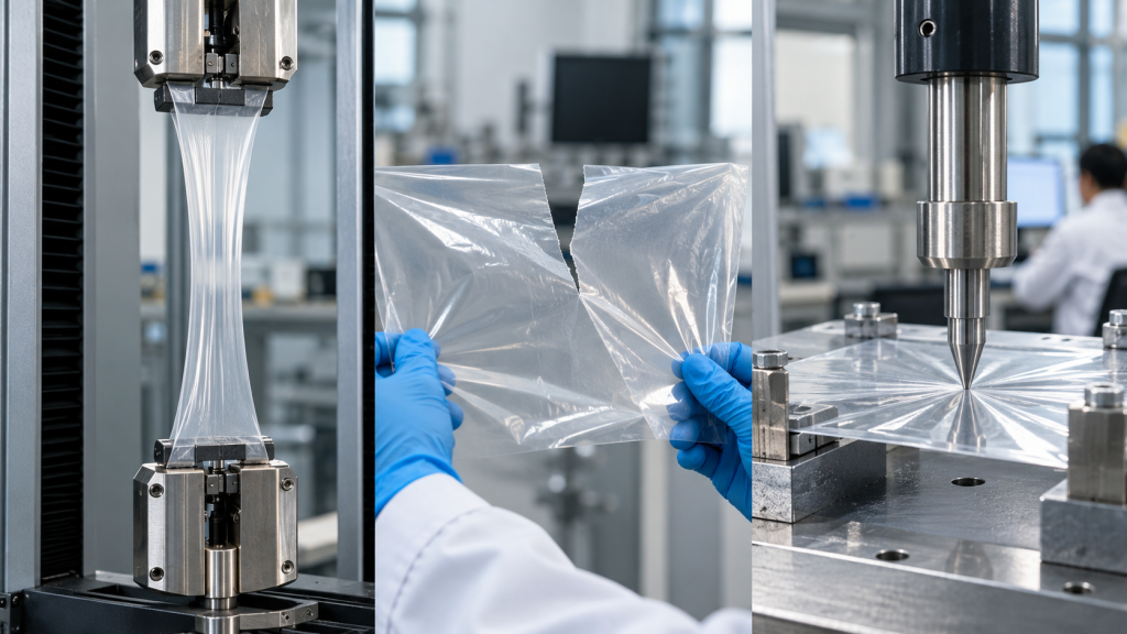 Puncture tear and tensile testing of PE plastic film