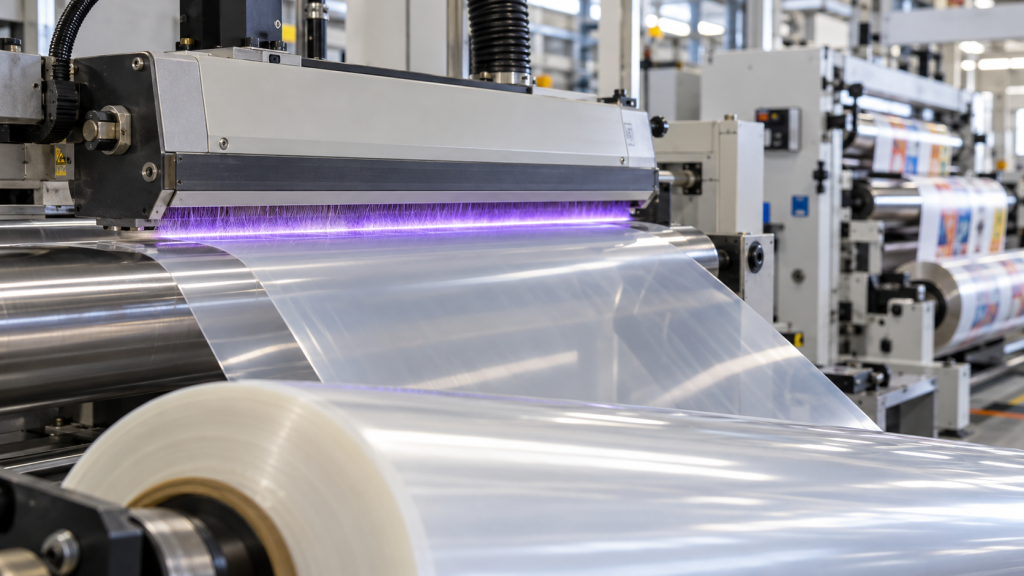 Corona treatment and dyne level for PE film printing