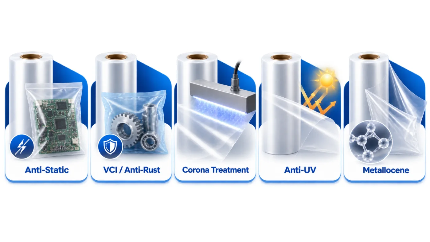 Anti-static, VCI, corona, anti-UV and metallocene film features