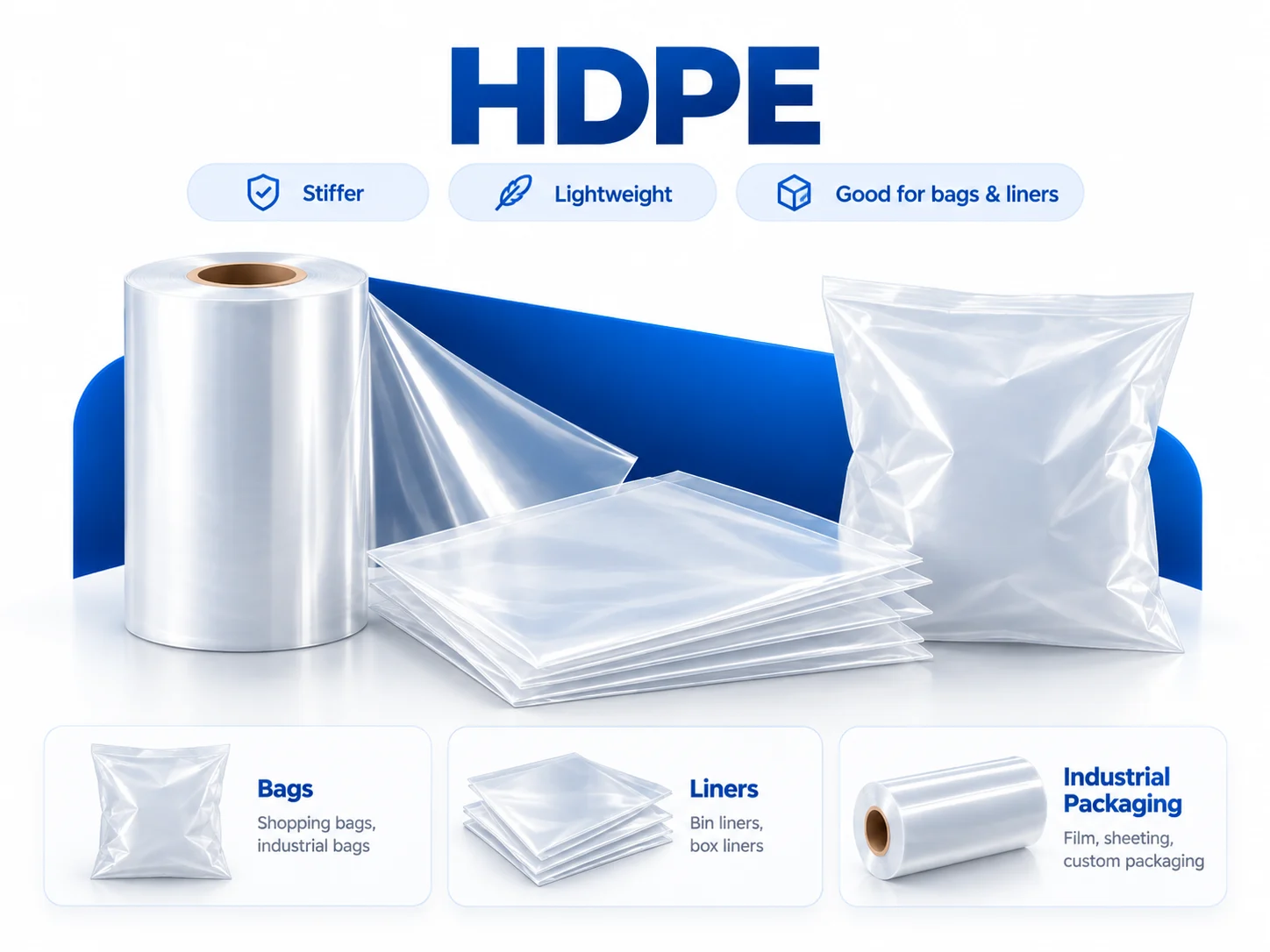 Industrial HDPE film, roll and bag application illustration