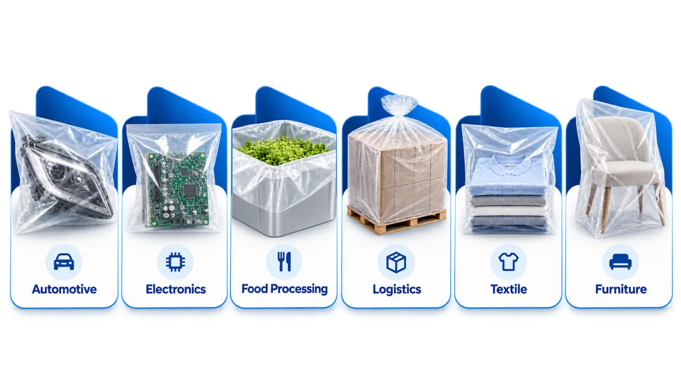 PE packaging used in automotive, electronics, food processing, logistics, textile and furniture