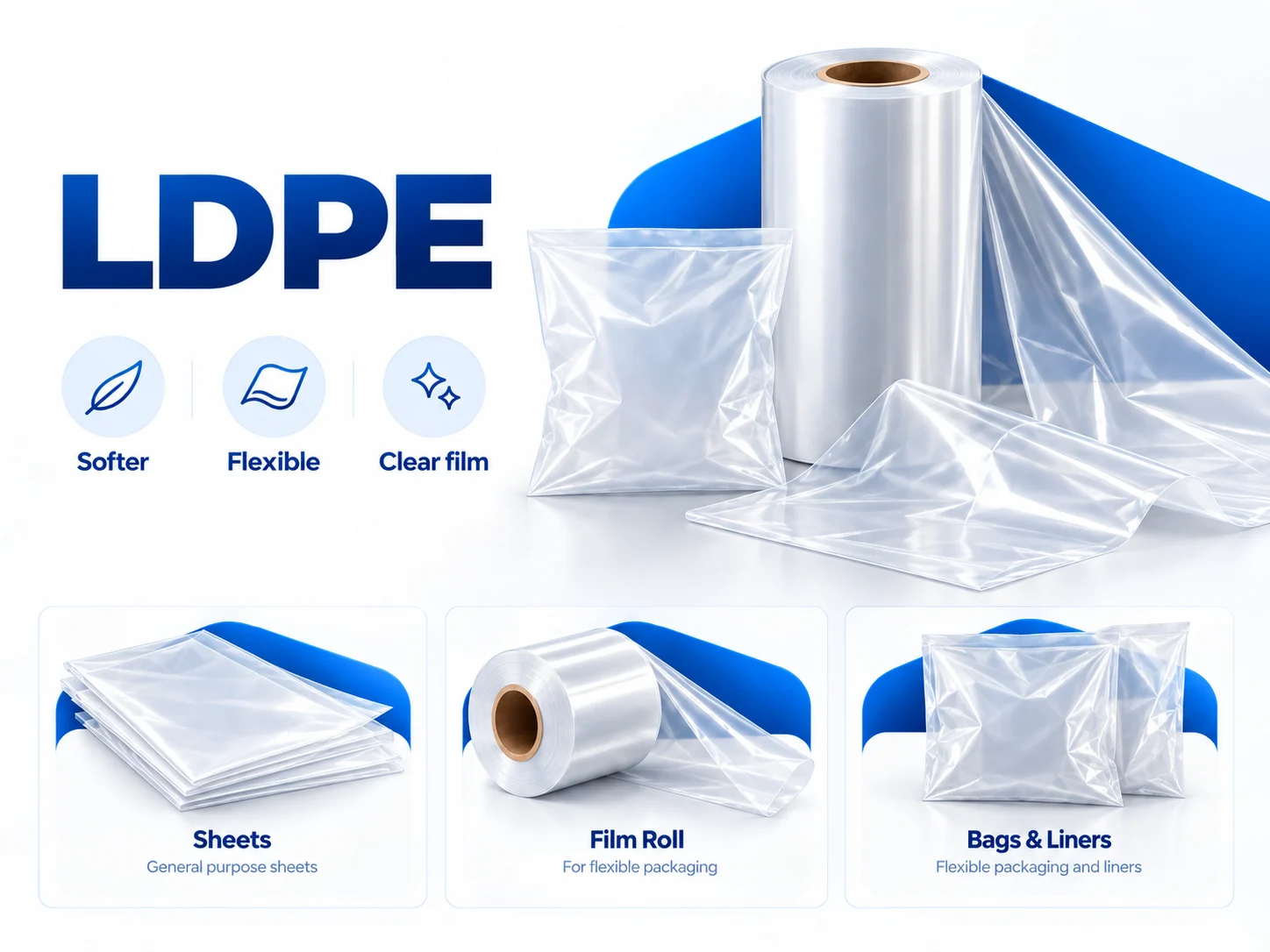 Industrial LDPE film, roll and bag application illustration