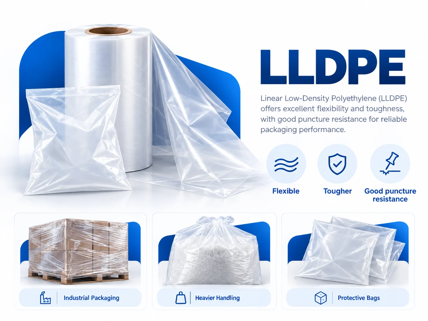 Industrial LLDPE film, roll and bag application illustration